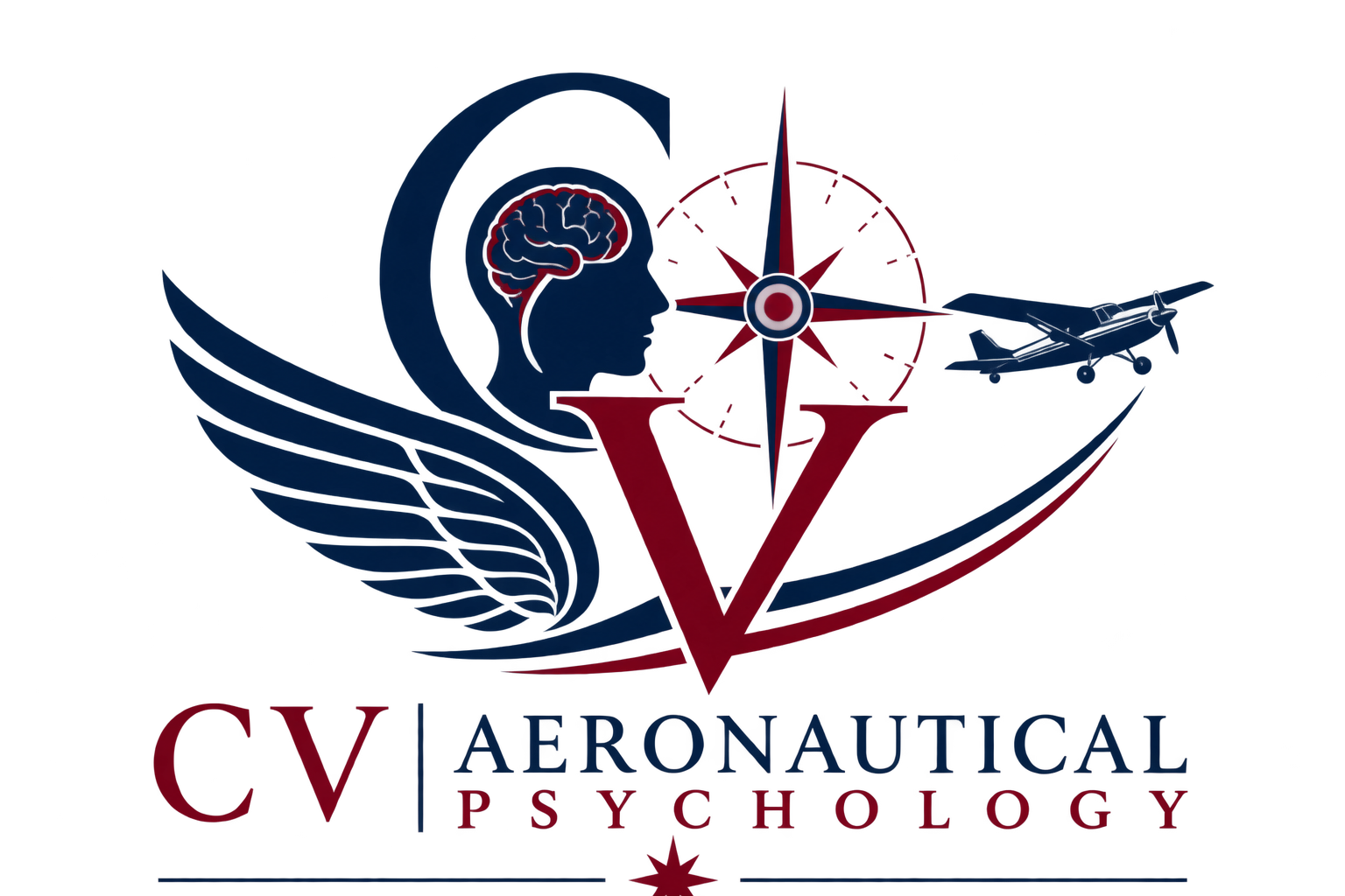 CV Aeronautical Psychology, sigla cu aripă, profil, busolă și avion